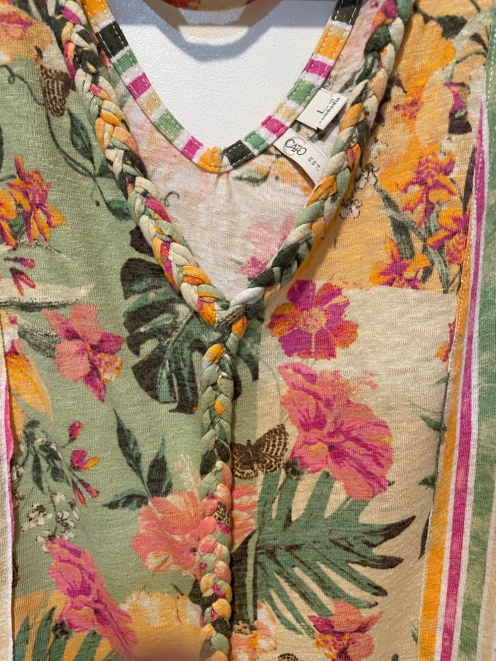 Cato Floral & Stripe V-Neck Tank Top - Pink, Green & Yellow - Picture 3 of 5